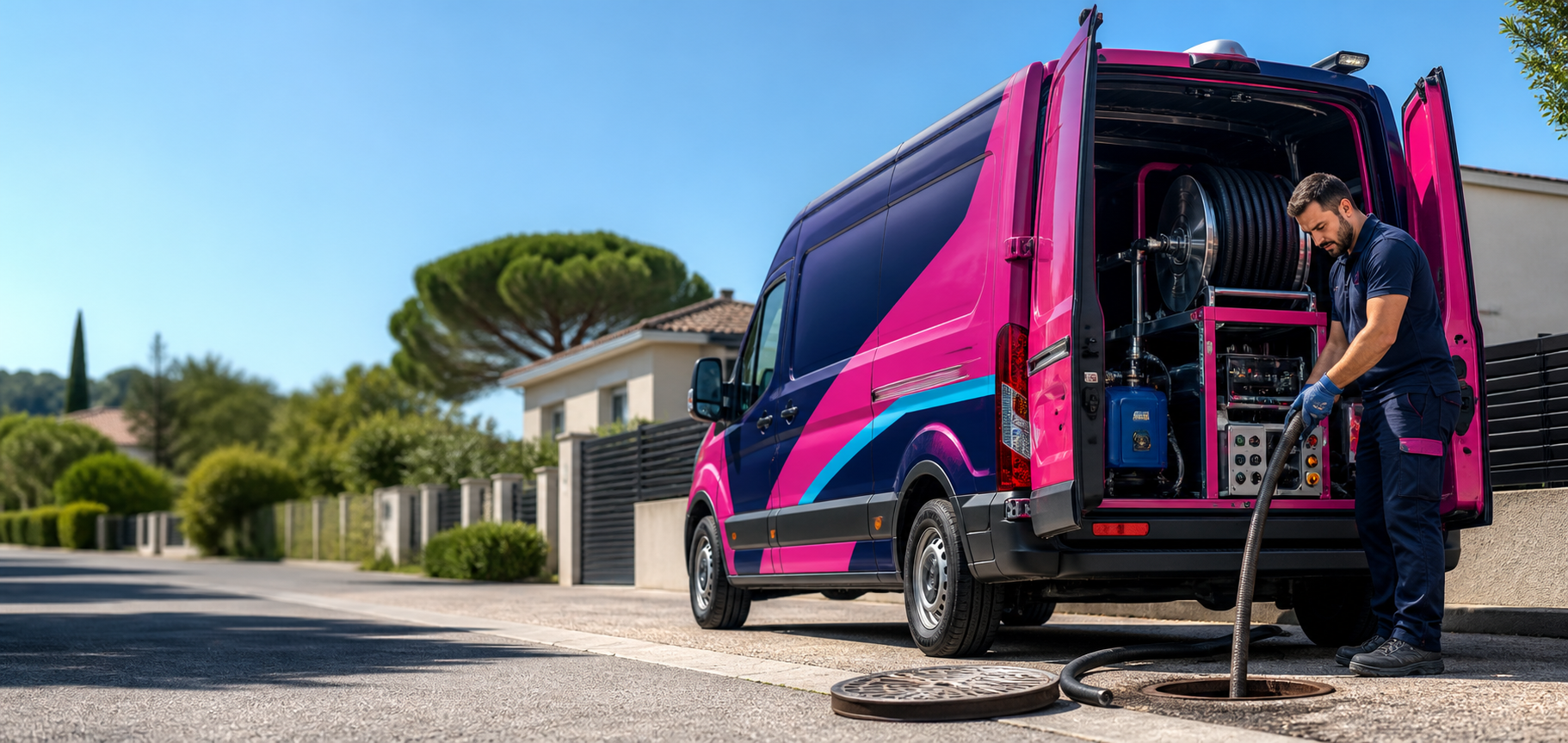 Camion de débouchage rose et bleu avec technicien