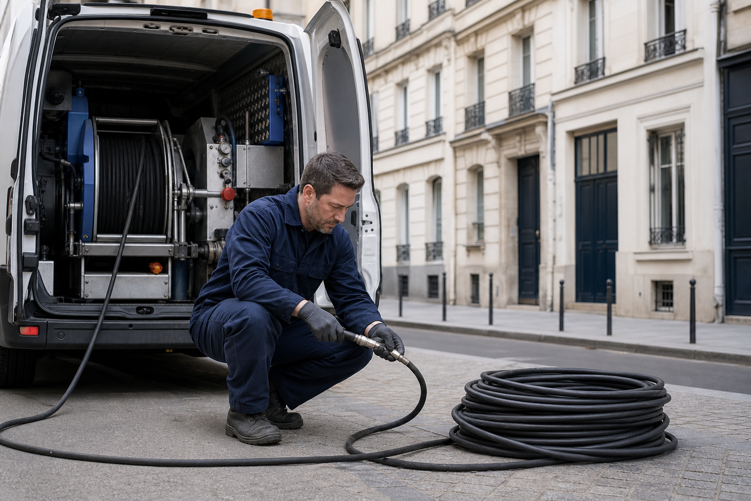 Technicien préparant un hydrocurage de canalisation