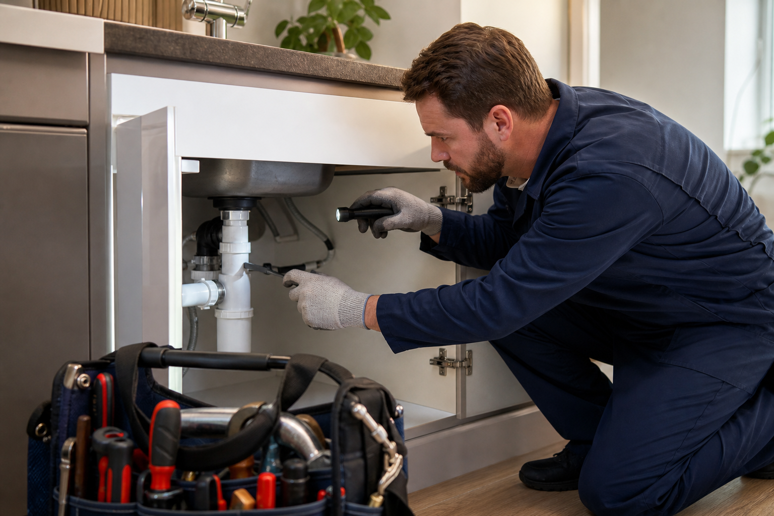 Technicien débouchant un évier sous meuble